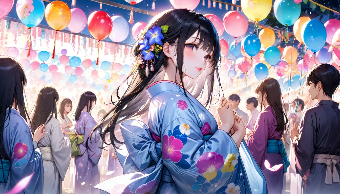 Panorama, Low - Angle, Japanese Festivals, Black Hair、Long Hair (Girl, Beauty, Moisture in Every Detail), (Glossy pink lip), Wearing a very beautiful yukata with double exposure morning glories) break, Night summer festival dance event, Many small prayer paper balloons in the background, break, There are no people in the background, Perfect Anatomy, masterpiece, Highest quality, 16K, Beautiful details night, Utopian performance.