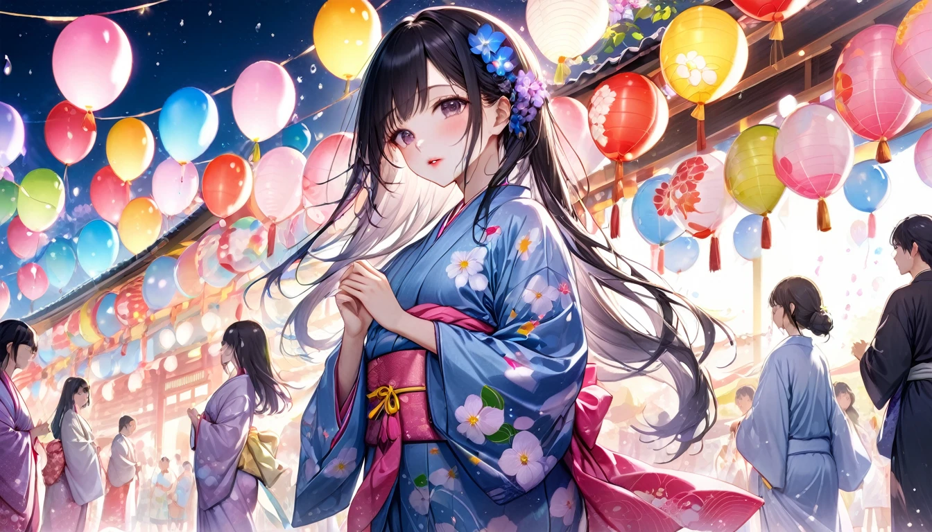 Panorama, Low - Angle, Japanese Festivals, Black Hair、Long Hair (Girl, Beauty, Moisture in Every Detail), (Glossy pink lip), Wearing a very beautiful yukata with double exposure morning glories) break, Night summer festival dance event, Many small prayer paper balloons in the background, break, There are no people in the background, Perfect Anatomy, masterpiece, Highest quality, 16K, Beautiful details night, Utopian performance.