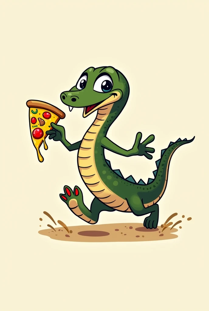 funny snake logo without feet, with arms, running and holding pizza 