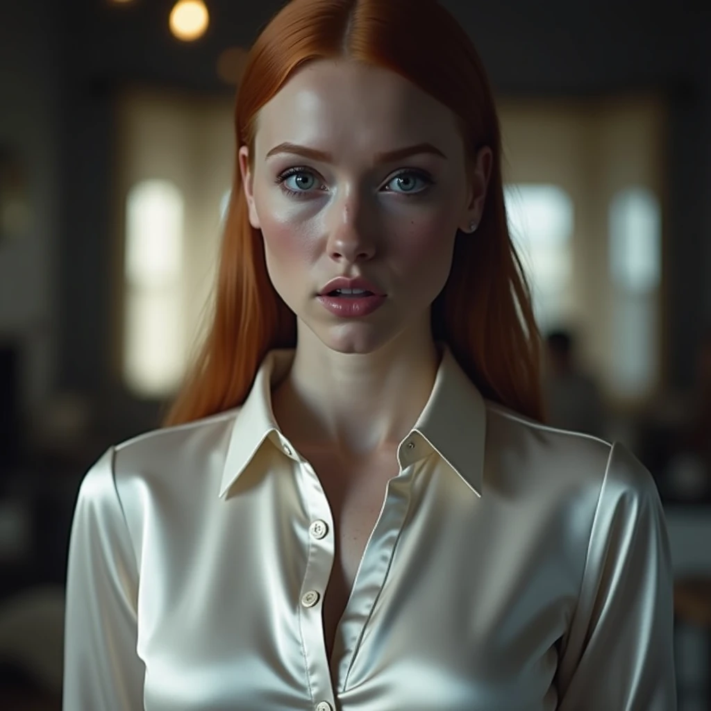 cinematic lighting, hyperrealistic, 8k, highly detailed, photorealistic, masterpiece, beautiful busty ginger woman, freckles, satin white button blouse, long orange hair, big breasts, cleavage, nervously staring directly at viewer