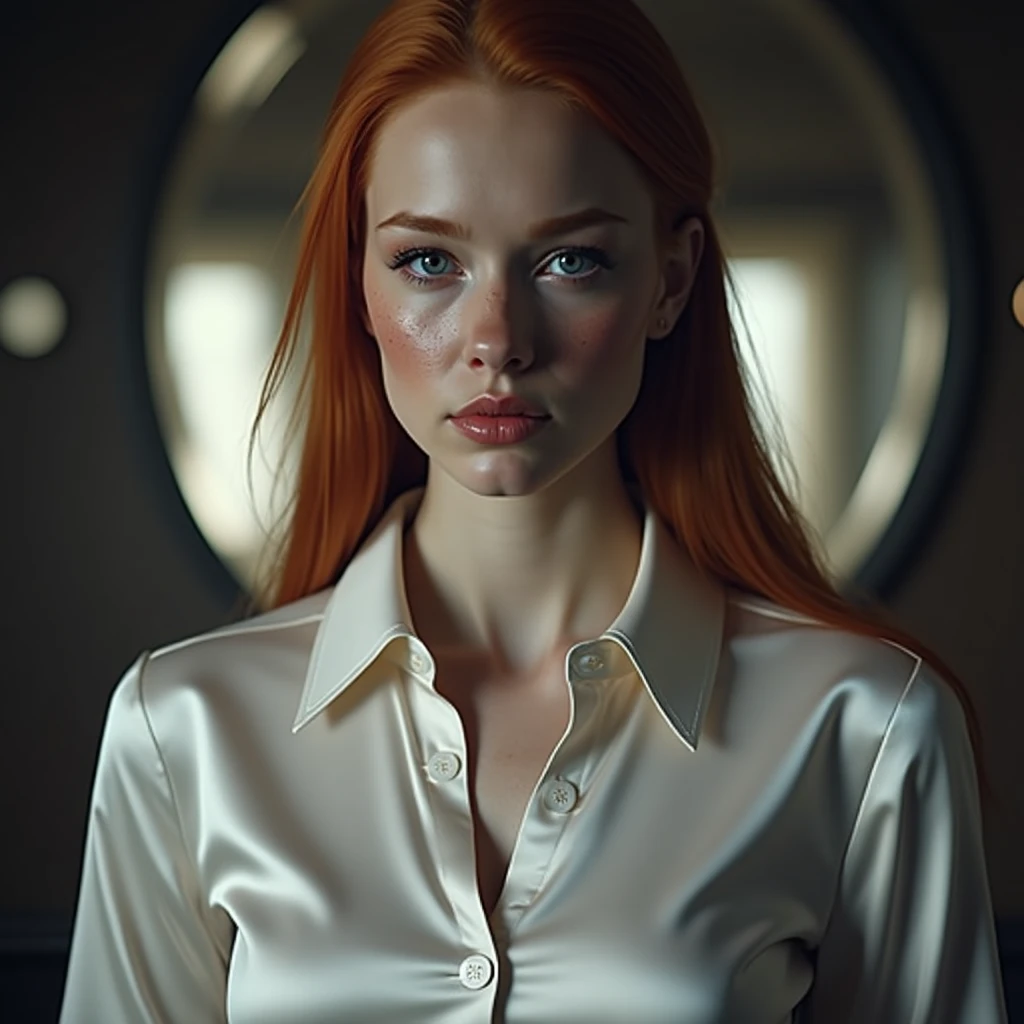 cinematic lighting, hyperrealistic, 8k, highly detailed, photorealistic, masterpiece, beautiful busty ginger woman, freckles, satin white button blouse, long orange hair, big breasts, breast expansion, cleavage expansion, cleavage popping out of shirt, nervously staring directly at viewer