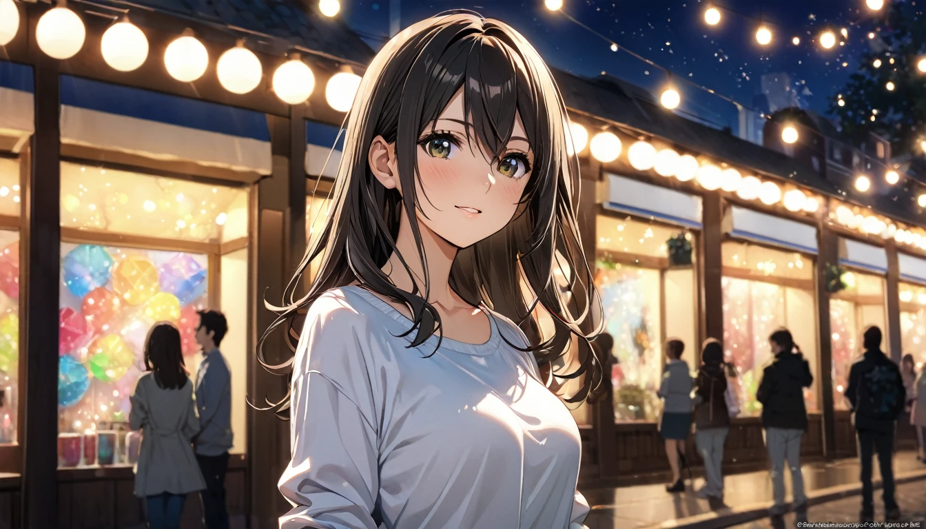 glittering lights, work of art, ultra detaild, Definition of 8k, beautiful  face, 1 girl, Chizuru Ichinose , casual clothes, women&#39;s shoulder bag, slightly slouched posture, closed mouth smile slim body, Fine body, ideal body, Tokyo city, people passing on the street, アニメ, chestnut hair, eyes browns, アニメ, long hair