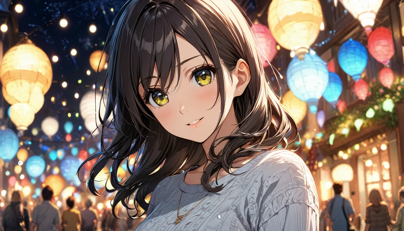 glittering lights, work of art, ultra detaild, Definition of 8k, beautiful  face, 1 girl, Chizuru Ichinose , casual clothes, women&#39;s shoulder bag, slightly slouched posture, closed mouth smile slim body, Fine body, ideal body, Tokyo city, people passing on the street, アニメ, chestnut hair, eyes browns, アニメ, long hair