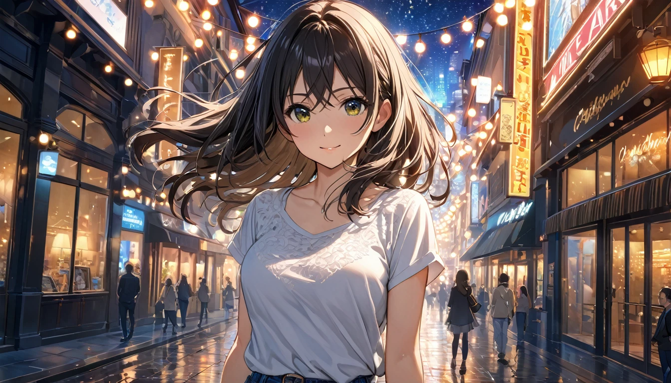 glittering lights, work of art, ultra detaild, Definition of 8k, beautiful  face, 1 girl, Chizuru Ichinose , casual clothes, women&#39;s shoulder bag, slightly slouched posture, closed mouth smile slim body, Fine body, ideal body, Tokyo city, people passing on the street, アニメ, chestnut hair, eyes browns, アニメ, long hair