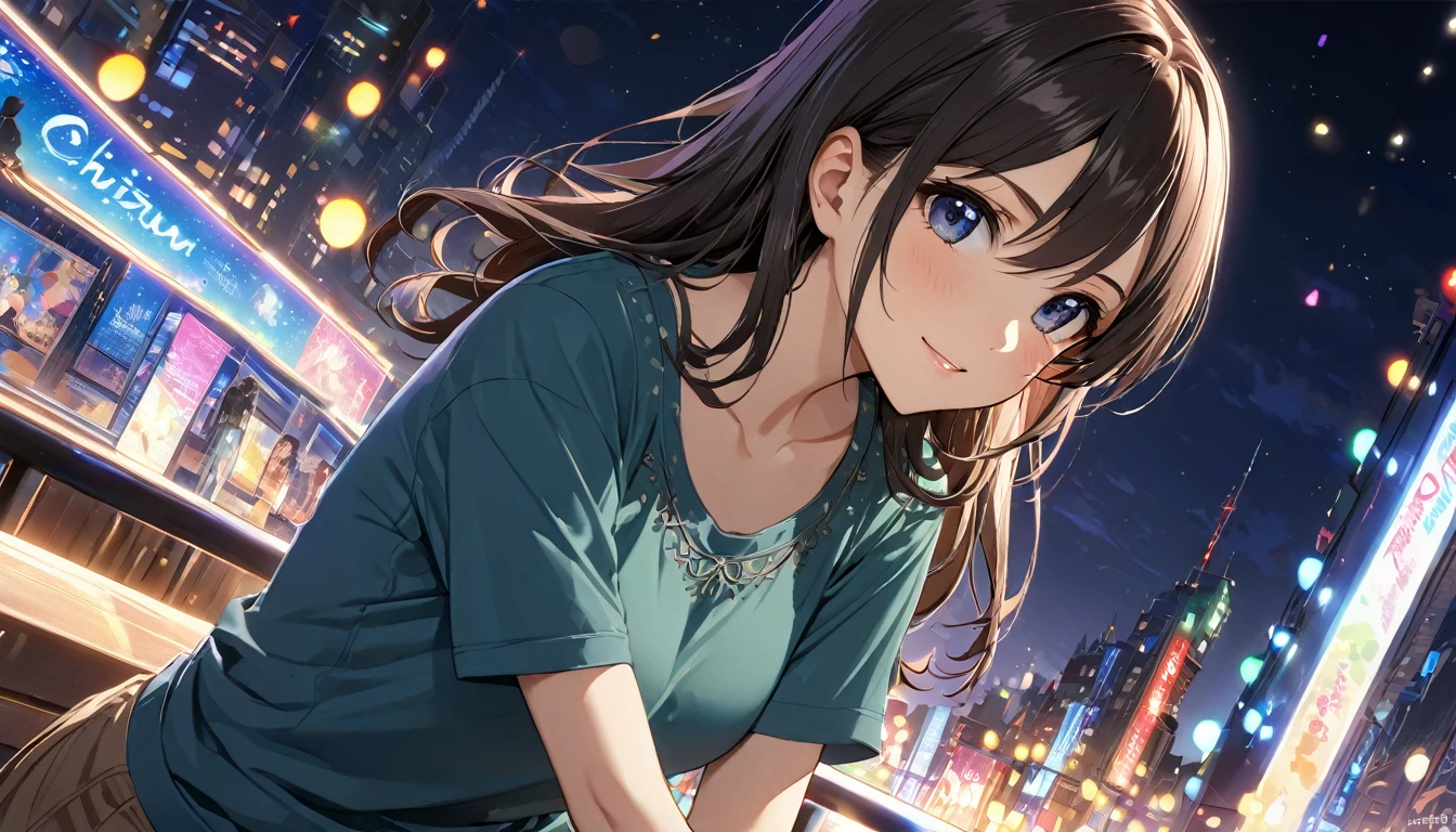 glittering lights, work of art, ultra detaild, Definition of 8k, beautiful  face, 1 girl, Chizuru Ichinose , casual clothes, women&#39;s shoulder bag, slightly slouched posture, closed mouth smile slim body, Fine body, ideal body, Tokyo city, people passing on the street, アニメ, chestnut hair, eyes browns, アニメ, long hair