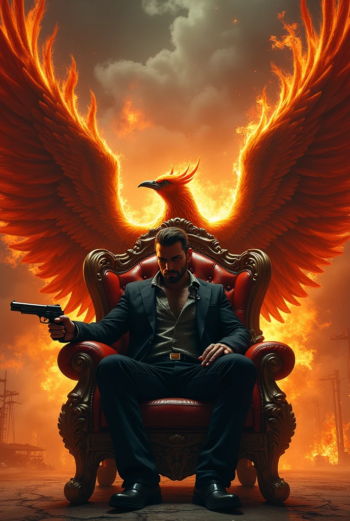 handsome gangster with phoenix wings phoenix bird on a side holding a gun sitting on a chair with a phoenix bird on the side fire background sign with skyrio letter