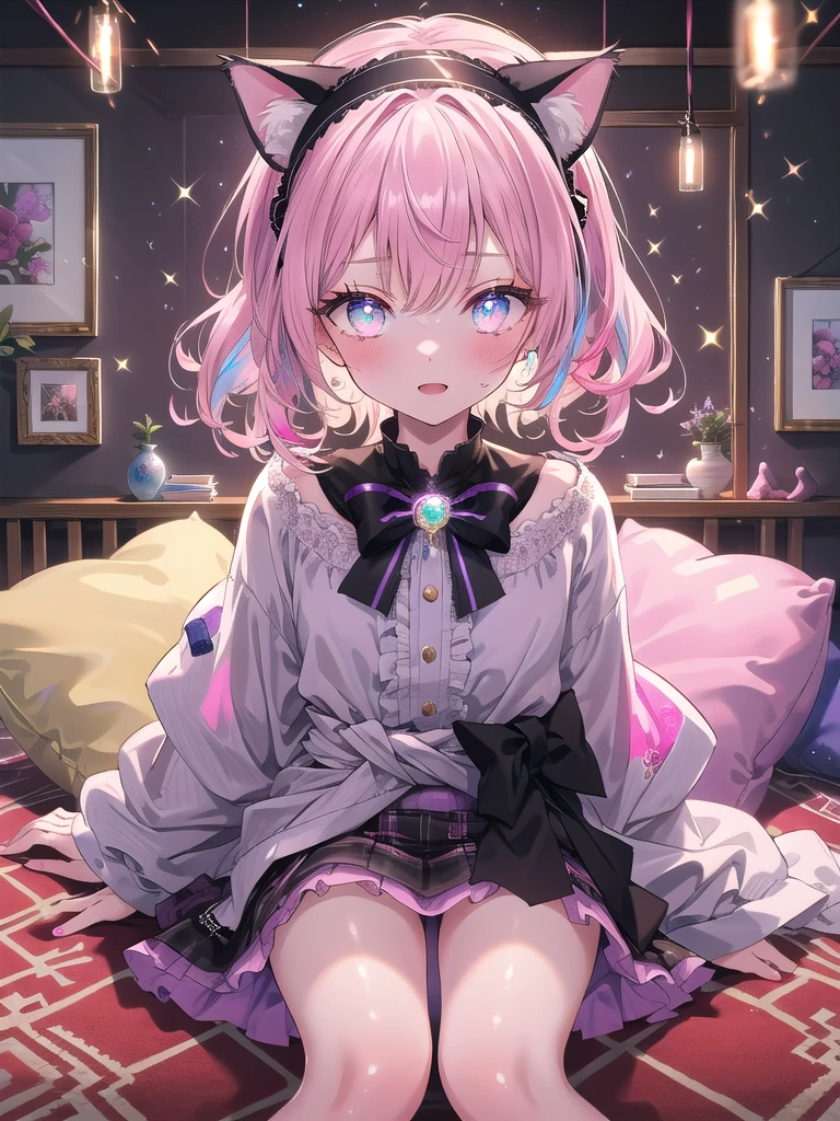 ((8k, Highest quality, masterpiece: 1.3)),Ultra-high resolution,(1 girl, alone), (Color changing eyes, Ultra-detailed, Expressive brilliance, Glitter, Glowing Eyes), Highly detailed eyes, Highly detailed face, Random Hair, ((pastel colour)),A playful young woman with pastel lavender hair styled into loose curls, lying on her stomach on a fluffy rug in her room. It’s late in the evening, and the room is lit by a soft, pink glow from LED lights strung around the ceiling. She is dressed in a catgirl cosplay, wearing a black and pink outfit with a short skirt, cat ears headband, and a tail attached to her waist. The camera captures her from above as she playfully paws at the camera, her expression mischievous and cute. Around her, there are cat-themed accessories, including a plush cat pillow, a cat-shaped mirror, and various small trinkets that add to the theme.(nsfw)