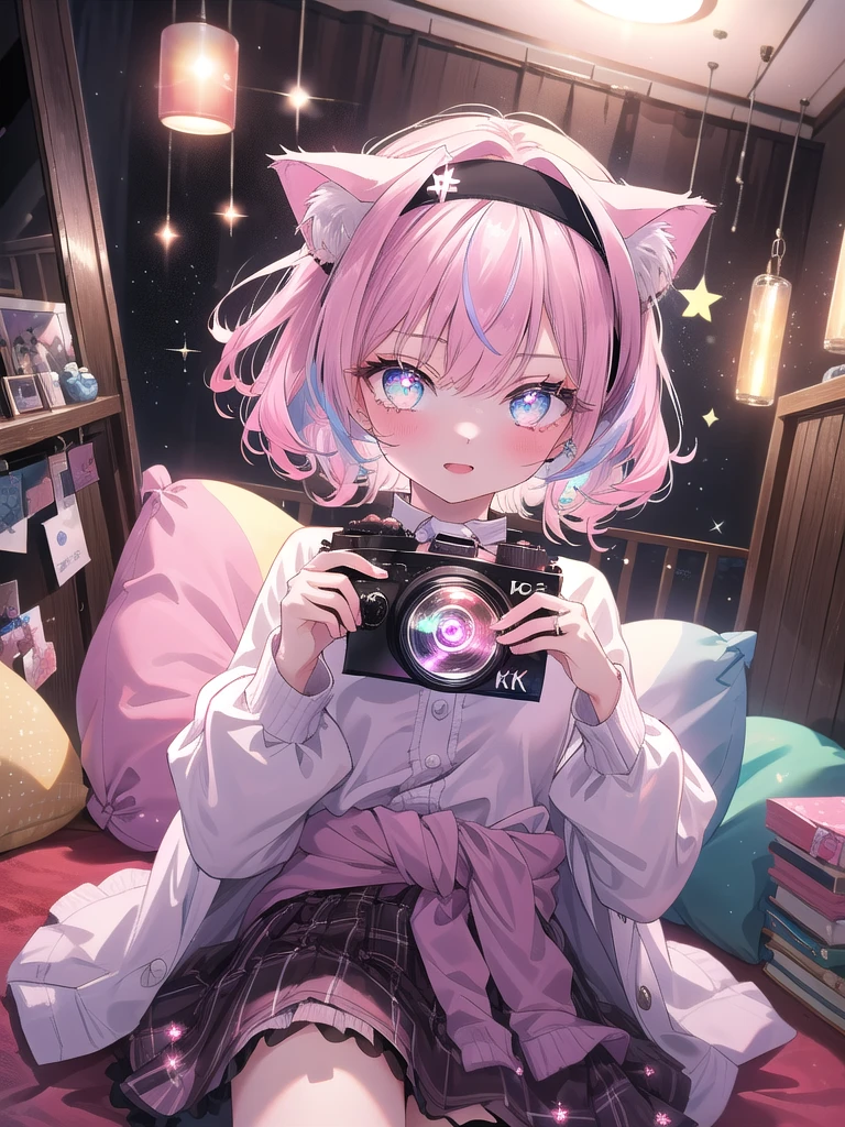 ((8k, Highest quality, masterpiece: 1.3)),Ultra-high resolution,(1 girl, alone), (Color changing eyes, Ultra-detailed, Expressive brilliance, Glitter, Glowing Eyes), Highly detailed eyes, Highly detailed face, Random Hair, ((pastel colour)),A playful young woman with pastel lavender hair styled into loose curls, lying on her stomach on a fluffy rug in her room. It’s late in the evening, and the room is lit by a soft, pink glow from LED lights strung around the ceiling. She is dressed in a catgirl cosplay, wearing a black and pink outfit with a short skirt, cat ears headband, and a tail attached to her waist. The camera captures her from above as she playfully paws at the camera, her expression mischievous and cute. Around her, there are cat-themed accessories, including a plush cat pillow, a cat-shaped mirror, and various small trinkets that add to the theme.(nsfw)