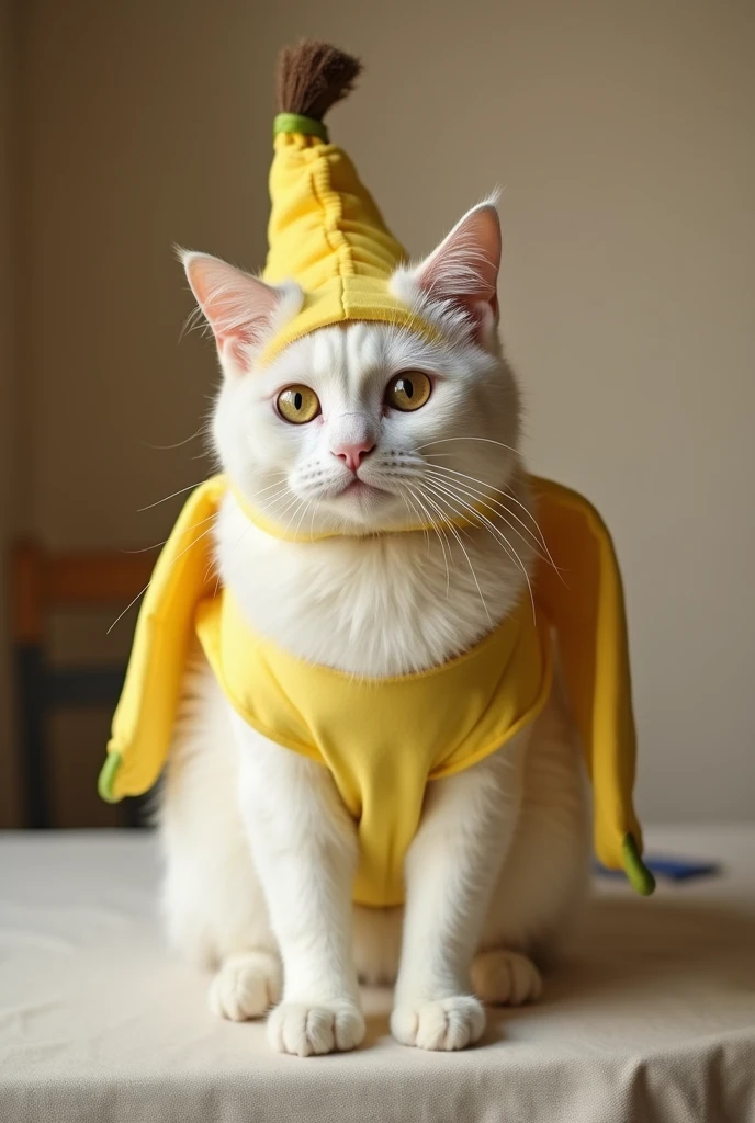 Create a white cat on a table with a banana costume