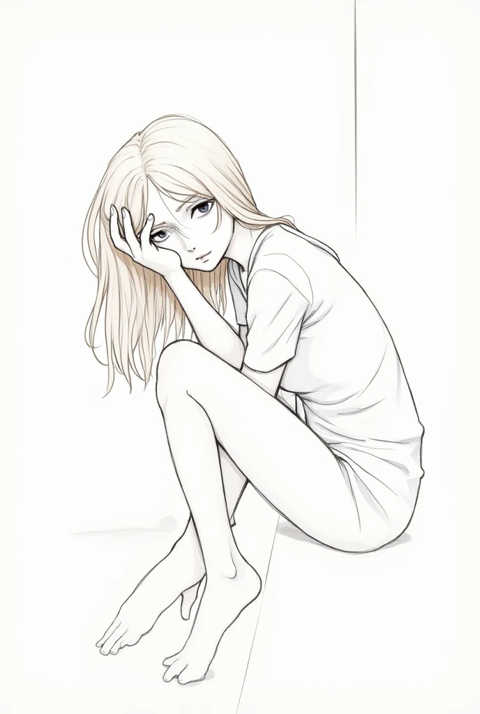 1D drawing of blonde woman sitting on chair crying with hand on face