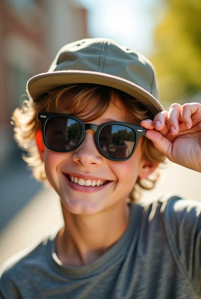 Guy (age 13)smiling with sun glasses with his hand on his hat tilting it towards the camera as if nodding with it (nor asian)
