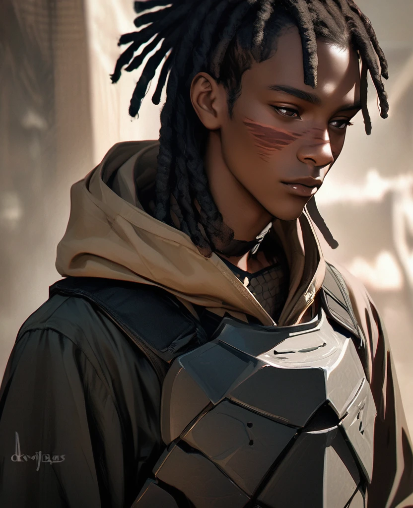 Visable burn scars, hood down, burns going from neck to lower face, masterpiece, best quality, realistic, african man, dark skin, black man, african american, african features, 1man, disfigured, 21 years old, eyes visable, fit, looking worn down, kevlar armor (like swat), dreadlocks, 