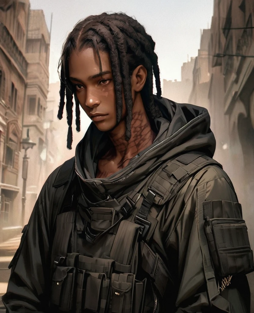 Visable burn scars, hood down, burns going from neck to lower face, masterpiece, best quality, realistic, african man, dark skin, black man, african american, african features, 1man, disfigured, 21 years old, eyes visable, fit, looking worn down, kevlar armor (like swat), dreadlocks,