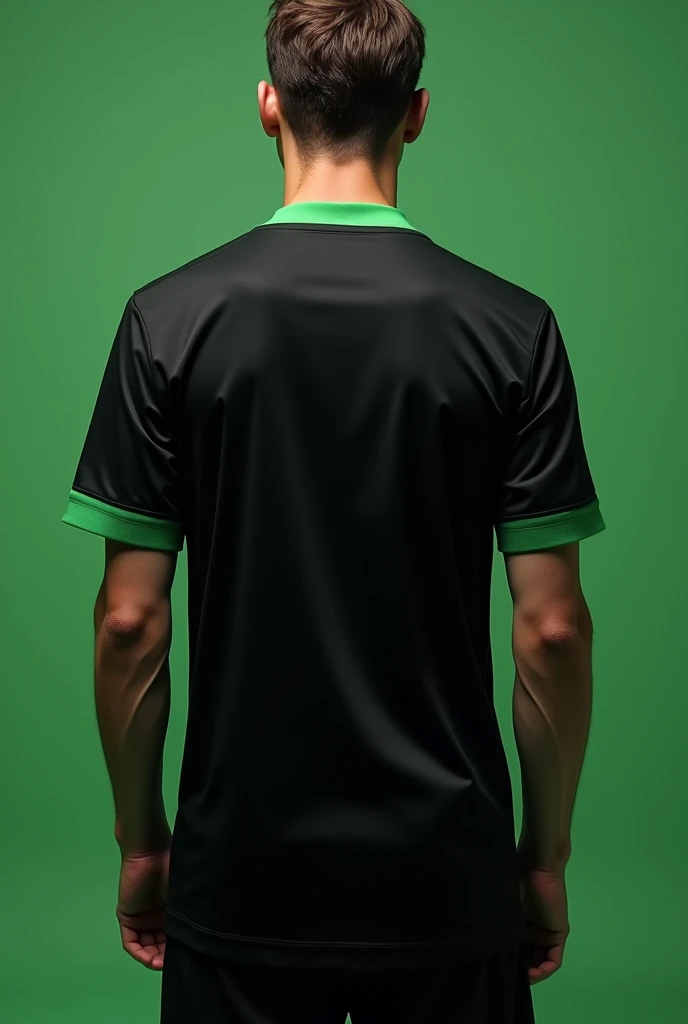 Generate a men's soccer jersey, negro, short sleeve, and V-neck, Paint the collar and the fabric at the end of the sleeves green, sin logos, seen from the back
