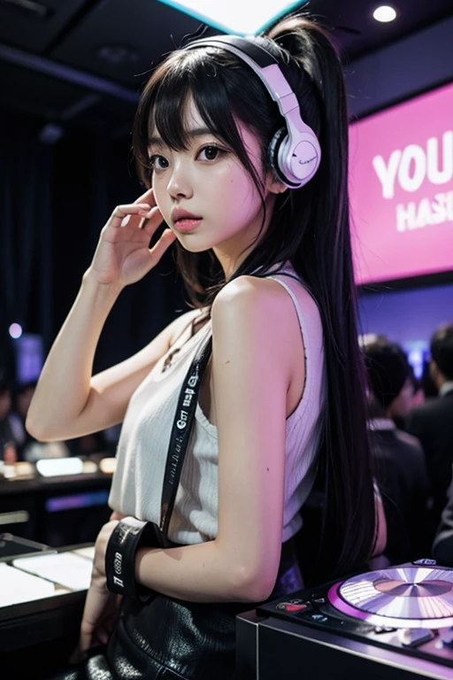 japanese girl,DJ,club,headphone,hip hop,sleeveless