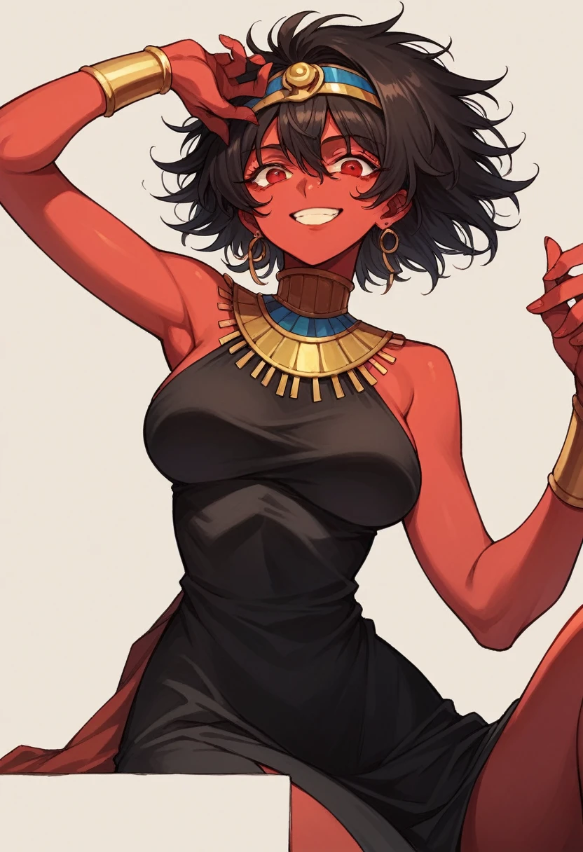 mature woman,red skin, Short reddish black spiky hair, black Egyptian dress with gold details neckline, smiling,red eyes,Big breasts ,Black Ensjs 90s anime style
