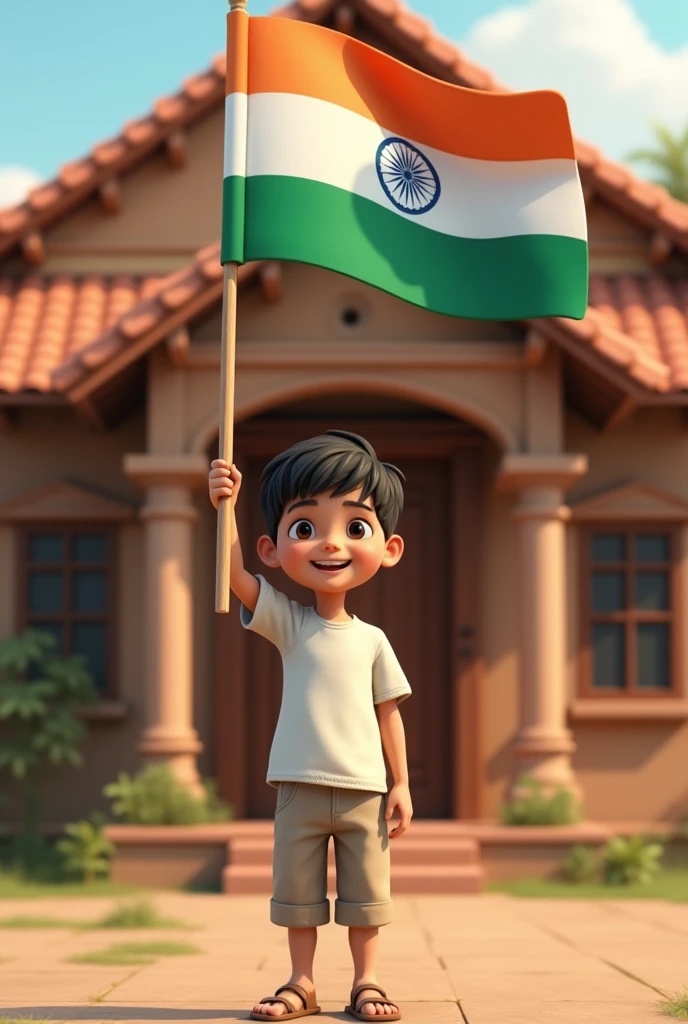 A realistic 3D image of a young boy standing proudly in front of a traditional Indian house. The boy is holding the Indian flag high, his face beaming with pride and joy. The flag flutters gently in the breeze, its colors vivid and striking. The boy is dressed in simple, casual clothing, symbolizing innocence and patriotism. Behind him, the house is depicted with detailed architectural features typical of Indian homes, such as a tiled roof, wooden doors, and a small veranda w