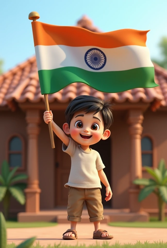 A realistic 3D image of a young boy standing proudly in front of a traditional Indian house. The boy is holding the Indian flag high, his face beaming with pride and joy. The flag flutters gently in the breeze, its colors vivid and striking. The boy is dressed in simple, casual clothing, symbolizing innocence and patriotism. Behind him, the house is depicted with detailed architectural features typical of Indian homes, such as a tiled roof, wooden doors, and a small veranda w