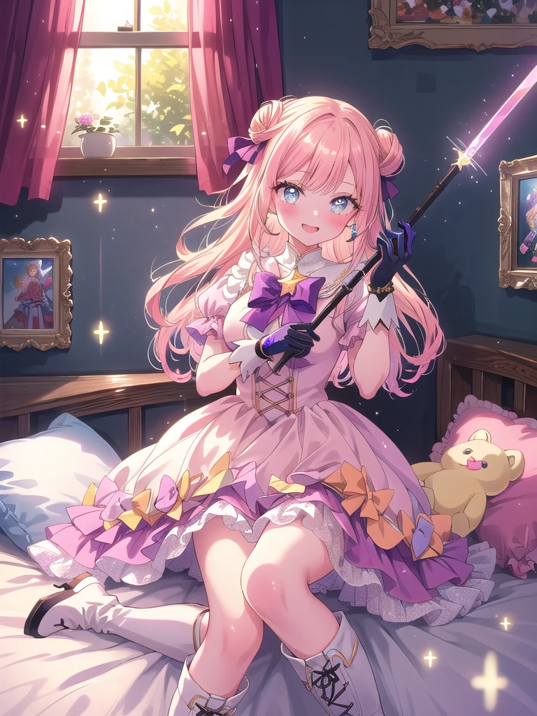 ((8k, Highest quality, masterpiece: 1.3)),Ultra-high resolution,(1 girl, alone), (Color changing eyes, Ultra-detailed, Expressive brilliance, Glitter, Glowing Eyes), Highly detailed eyes, Highly detailed face, Random Hair, ((pastel colour)),A joyful young woman with pastel peach-colored hair styled into twin buns, sitting on her bed surrounded by soft pillows and stuffed animals. The room is warmly lit by the morning sun streaming through sheer curtains, creating a cozy and inviting atmosphere. She is dressed in a magical girl cosplay, wearing a frilly pastel pink dress with a large bow on the back, matching gloves, and knee-high boots. The camera captures her from the front as she playfully poses with a star-tipped wand, her eyes sparkling with excitement. Around her, there are various anime figures and posters on the walls, emphasizing her love for the genre,(nsfw)