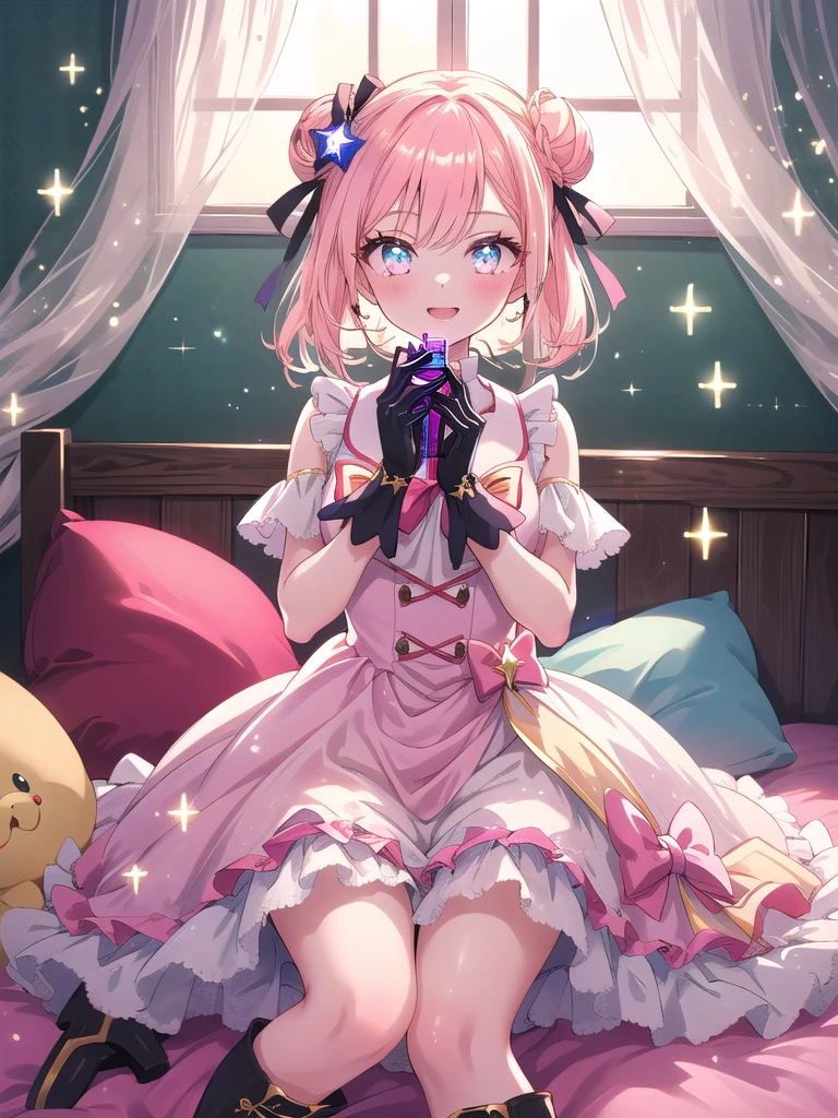 ((8k, Highest quality, masterpiece: 1.3)),Ultra-high resolution,(1 girl, alone), (Color changing eyes, Ultra-detailed, Expressive brilliance, Glitter, Glowing Eyes), Highly detailed eyes, Highly detailed face, Random Hair, ((pastel colour)),A joyful young woman with pastel peach-colored hair styled into twin buns, sitting on her bed surrounded by soft pillows and stuffed animals. The room is warmly lit by the morning sun streaming through sheer curtains, creating a cozy and inviting atmosphere. She is dressed in a magical girl cosplay, wearing a frilly pastel pink dress with a large bow on the back, matching gloves, and knee-high boots. The camera captures her from the front as she playfully poses with a star-tipped wand, her eyes sparkling with excitement. Around her, there are various anime figures and posters on the walls, emphasizing her love for the genre,(nsfw)