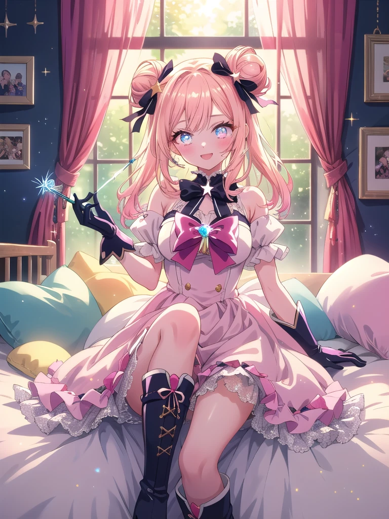 ((8k, Highest quality, masterpiece: 1.3)),Ultra-high resolution,(1 girl, alone), (Color changing eyes, Ultra-detailed, Expressive brilliance, Glitter, Glowing Eyes), Highly detailed eyes, Highly detailed face, Random Hair, ((pastel colour)),A joyful young woman with pastel peach-colored hair styled into twin buns, sitting on her bed surrounded by soft pillows and stuffed animals. The room is warmly lit by the morning sun streaming through sheer curtains, creating a cozy and inviting atmosphere. She is dressed in a magical girl cosplay, wearing a frilly pastel pink dress with a large bow on the back, matching gloves, and knee-high boots. The camera captures her from the front as she playfully poses with a star-tipped wand, her eyes sparkling with excitement. Around her, there are various anime figures and posters on the walls, emphasizing her love for the genre,(nsfw)