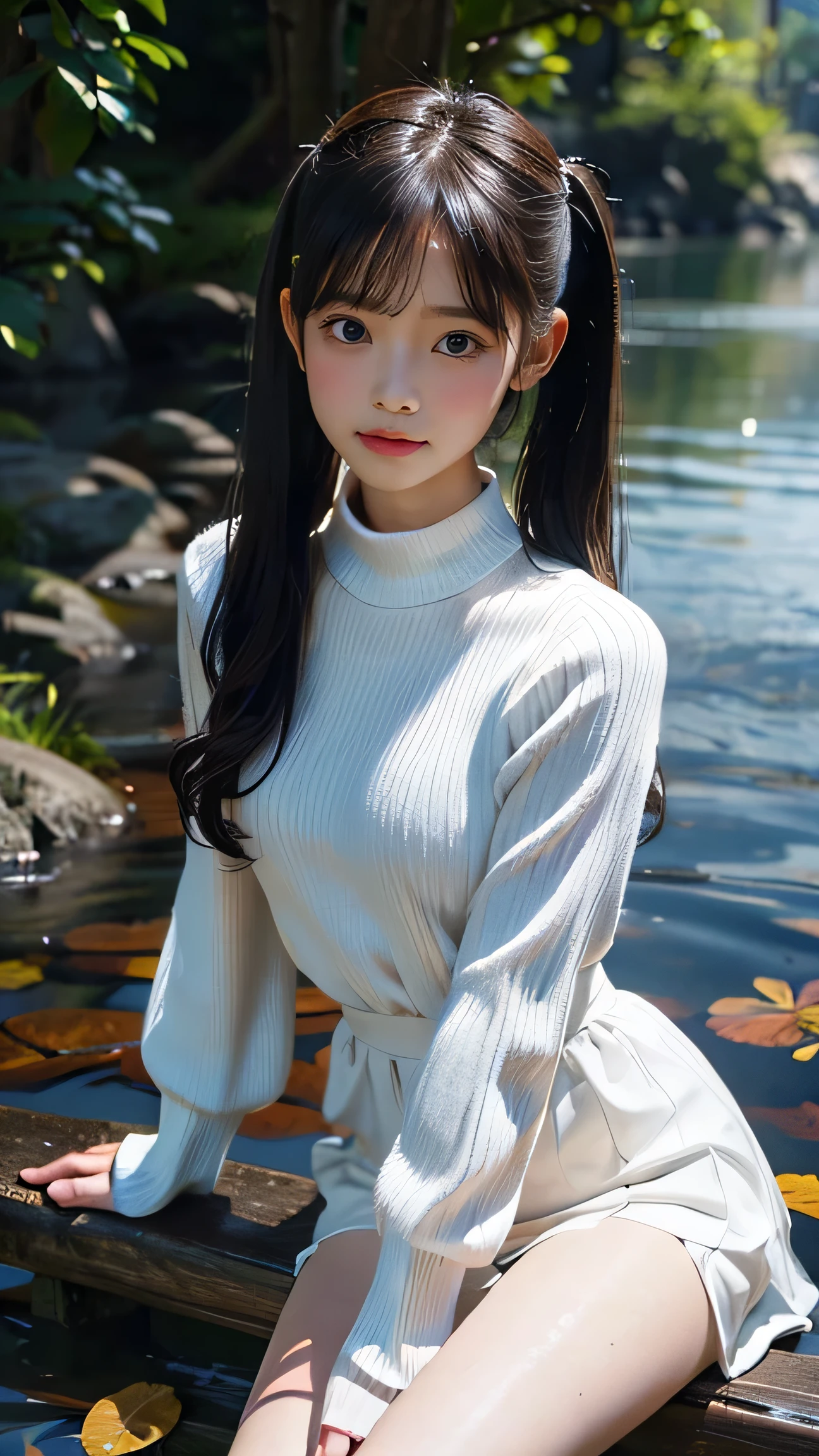 Highest quality,Realistic,masterpiece,detailed,High resolution,Cute school girl、At the bed, Symmetrical, high definition RAW color photo professional close-up photo, [:(high definition face: 1.2):0.1], (PureErosFace_V1:0.6), twin tails, half body, pores, real human skin, portrait of 18 year old woman bathing in river, ripples as body touches water, reeds, clear clean water, sparkling eyes, looking at viewer, wearing tight sleeve sweater, wet clothes, see-through clothes, nipples, wet body, wet hair, tidal effect, lens flare, shade, bloom, backlight, depth of field, natural light, hard focus, film grain, taken with Sony a9 II mirrorless camera, photographed by Laurence Demaison, small breasts like a boy, legs slightly spread