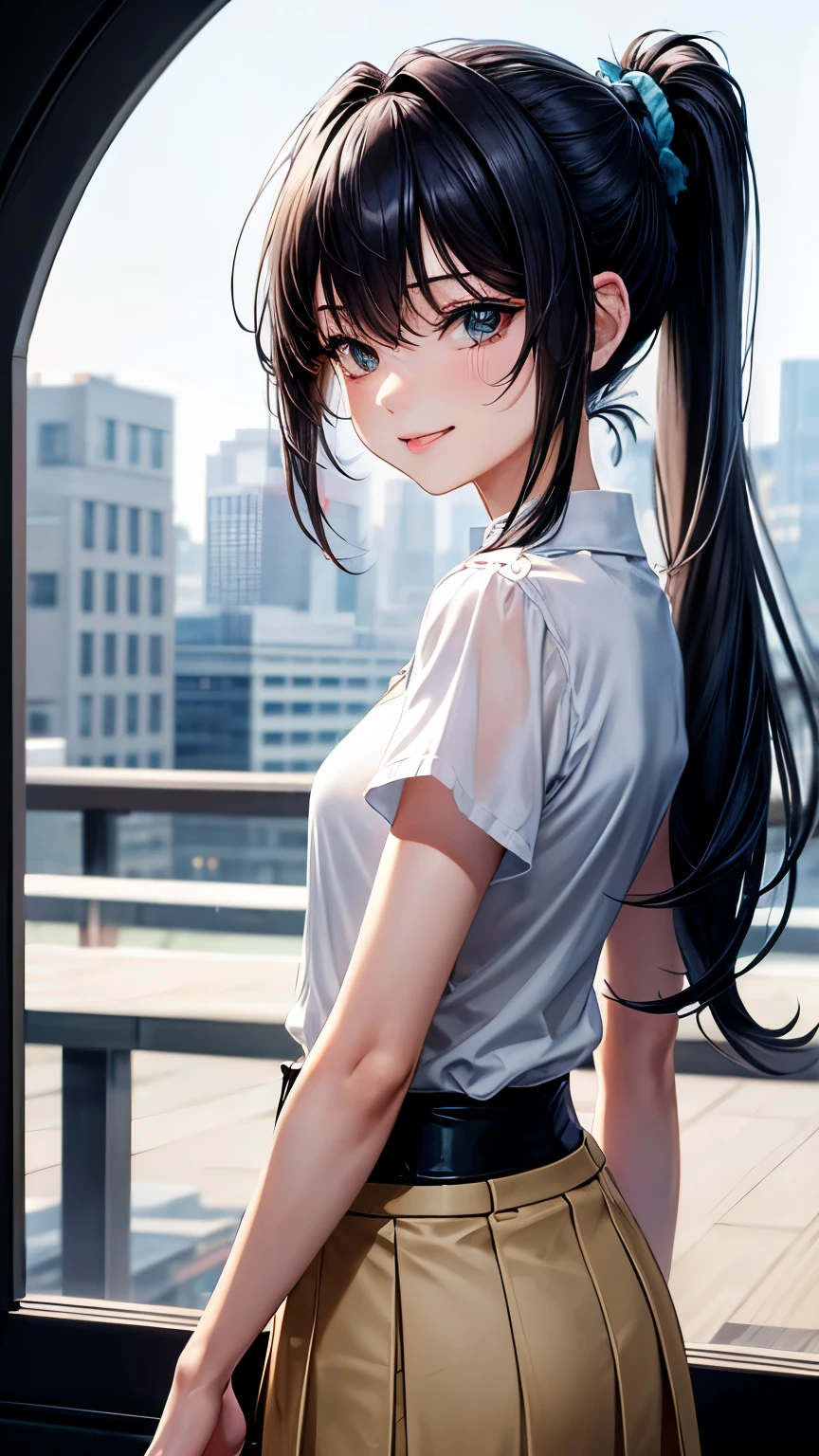 Japanese languid and tidy lady ((extra very small breast))((slender )), (( black extra very short length hair)) ((blunt bangs))((deep blue highlights hair))((upper shaggy ponytail :1.5)), ((tidy white blouse and beige cardigan ))(( maximum length skirt:1.4)), ((sultry smile))((tongue out a little)), sharp and gentle eyes ((light green)), eyelashes, sultry and languid atmosphere, blush, seems very sultry and calm, ((looking back scene )),high angle , (( face focus:1.3)), best quality,MSFW