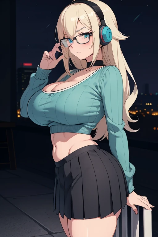 20 year old woman, busty, bubble butt, huge ass, hourglass figure, skinny, blushing, panicked expression, horny, seductive, platinum blonde hair, long hair, wavy hair, bangs, wearing wearing cropped jacket, cyan sweater, ribbed sweater, pleated skirt, choker, sneakers, glasses, tight fitting clothing, cleavage, anime, city at night, outside, punk, punk style, punk hair, doujin style, manga, flat colours, 2d manga, headphones, rosalina