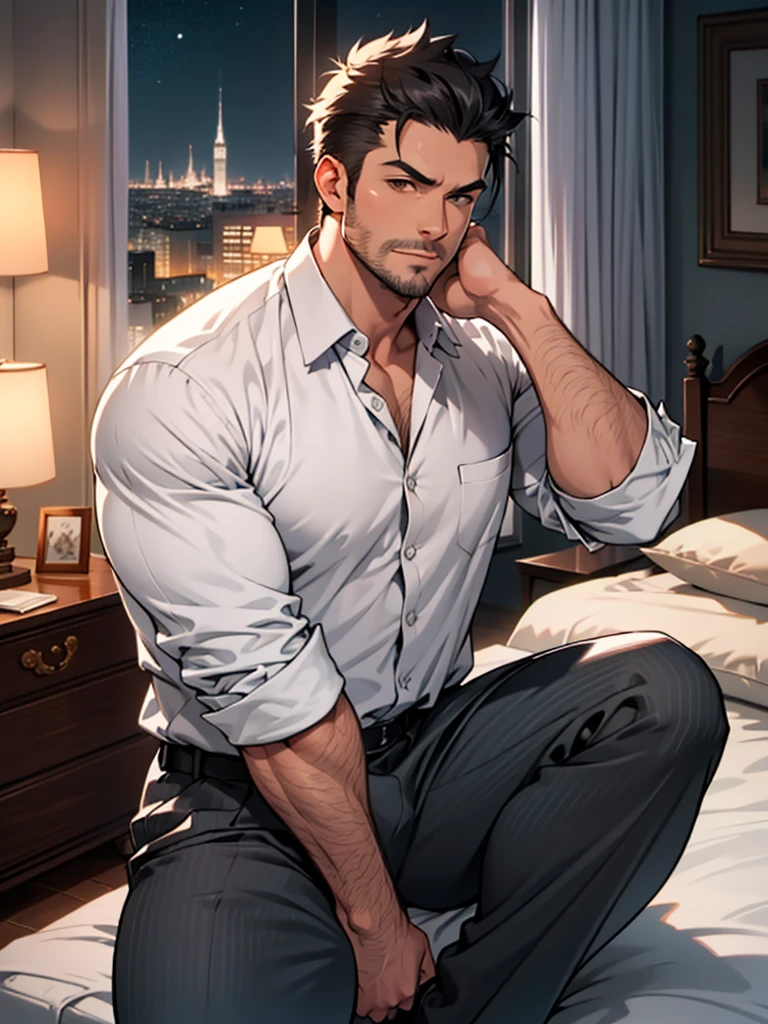 upshot crotch: 2, high quality:1.2,ultra high res, crotch forcus:1.3, dark_theme, low_light, extremely detailed character, 1Anime guy, 38_year_old, manly, handsome,  Muscular and plump:0.2 body, firm chin, Stubble:1.7,sideburns:1.7, super short hair, shaved hair:1.4, (white open Shirt), BREAK ((gray slacks pants)),crotch bulge, Dark luxury hotel room with lights off, a bed by the window with a night view, sitting with legs stretched out