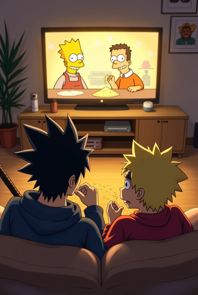 Yasuo and Naruto, sitting on the couch eating grated cheese and watching the simpsons making cheese