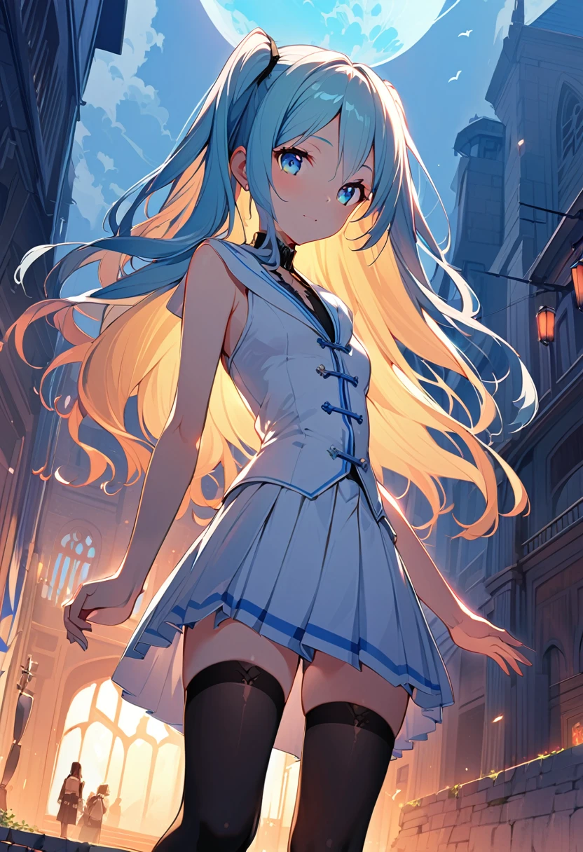 1girl, solo, outdoors, long hair, holy place, Original,(Illustration:1.1),(Best Quality),(masutepiece:1.1),(the Extremely Detailed CG Unity 8K Wallpapers:1.1), (Colorful:0.9),(mid-shot:0.95),(extremely detailed beautiful face),(Solo:1.2), (girl),(((Lori))), (Detailed beautiful eyes:1.15), (Beautiful face:1.15), (Glowing blue eyes:1.25////),(((sky blue Long Hair))),(two side up),(+perfect hand+:1.21),(Draw illustration of Japan priestess costume),(slender),(White pleated skirt),(Gothic),((black thighhighs)),(frilld),(Beautiful Slender Lolita Girl),hallowween,standing, girl,10 years old, girl,foggy place,vampire,