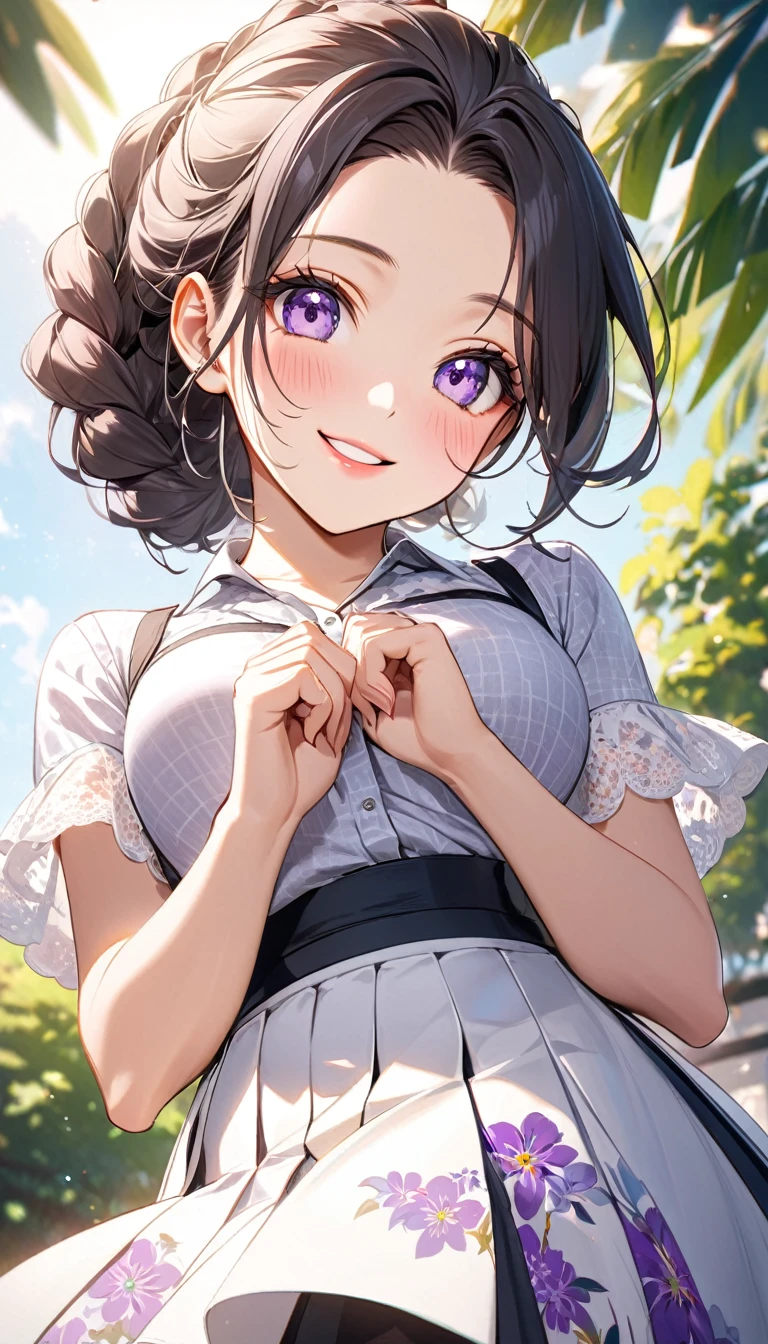 nozomitoujou, nozomi toujou, (green eyes:1.5), purple hair, twintails, low twintails, scrunchie, long hair, (large breast:1.2),
BREAK otonokizaka , pleated skirt, , short sleeves, skirt, summer uniform, sweater vest, yellow sweater vest,
BREAK looking at viewer,
BREAK outdoors, shrine,
BREAK (masterpiece:1.2), best quality, high resolution, unity 8k wallpaper, (illustration:0.8), (beautiful detailed eyes:1.6), extremely detailed face, perfect lighting, extremely detailed CG, (perfect hands, perfect anatomy),