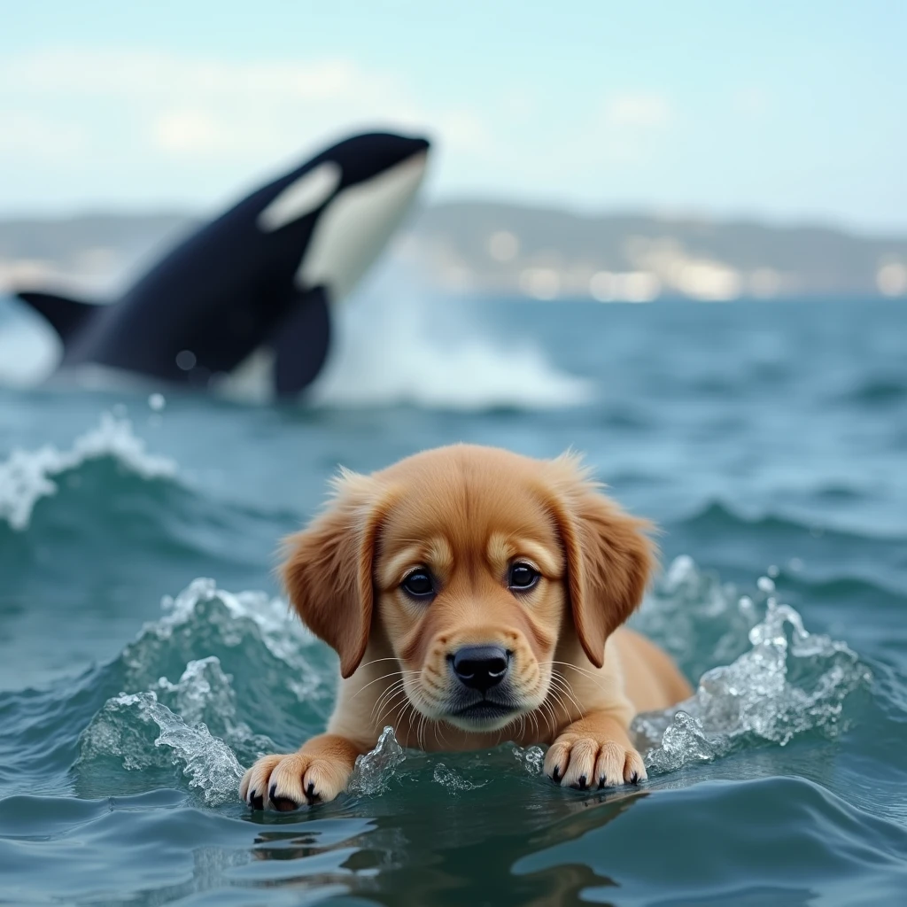 Create an image of a small, frightened golden retriever puppy in the ocean, with only its head and paws visible above the water. The puppy should have big, round, sad eyes and wet fur, conveying a sense of vulnerability. In the background, depict a large killer whale (orca) breaching the water, appearing menacing as it leaps out of the ocean. The scene should be set on a clear day with a distant coastline visible on the horizon. The water should be choppy, enhancing the sense of danger.