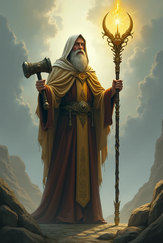 RPG cleric with a small hammer and a staff with halos