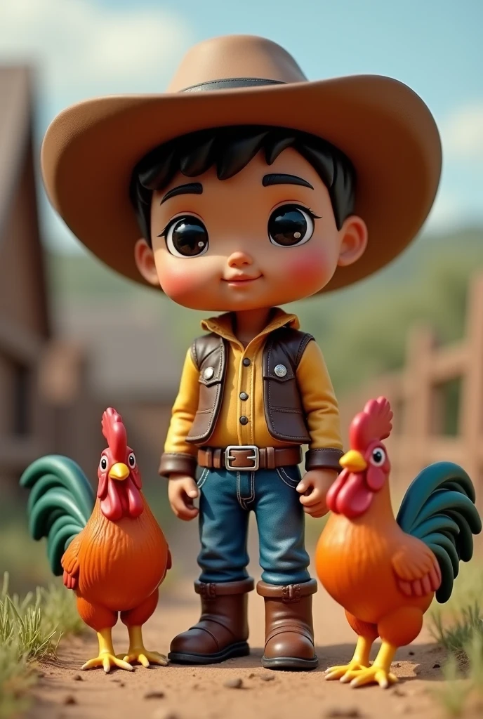 Funko, adolescent, with cowboy hat, with Chinese, blue jeans, brown skin, 
boots and pet roosters
