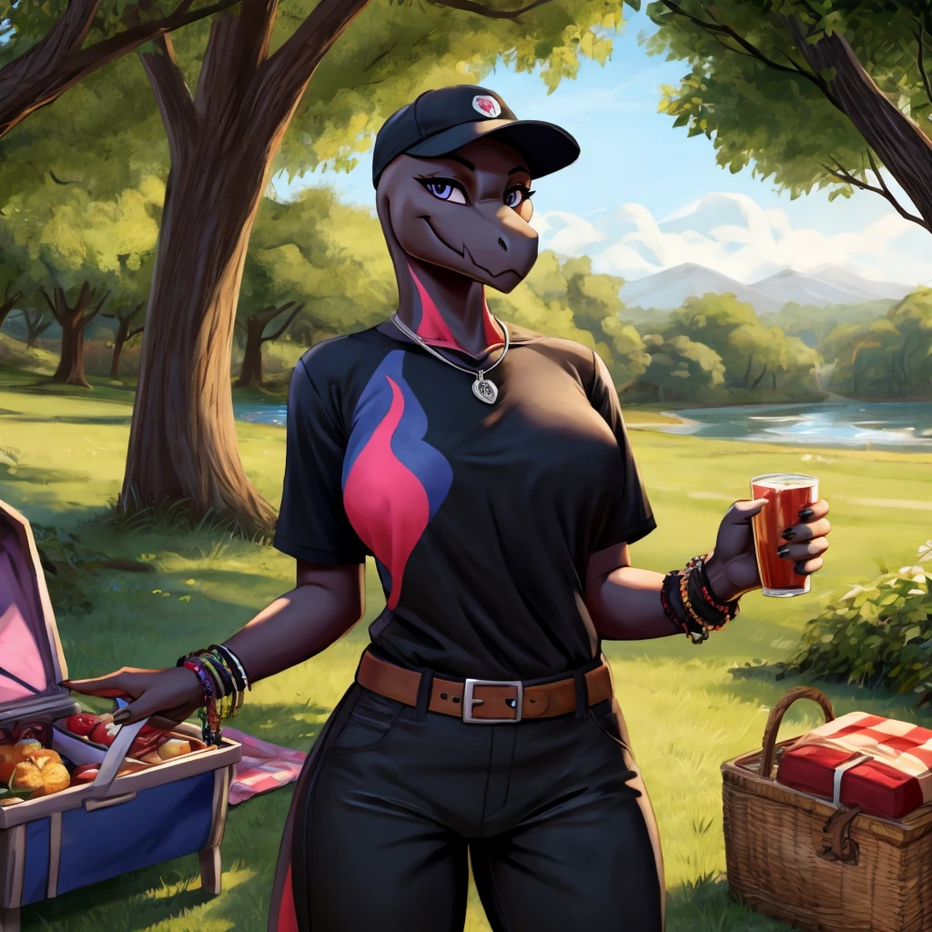 Salazzle (Pokémon), Sexy pose, Breasts, picnic camp, 8k art, digital art, smiling, Standing, excited, Feminine focus, Black T-shirt, Looking at the viewer, he points to peace in one hand, Military black pants, Bracelets, pendants