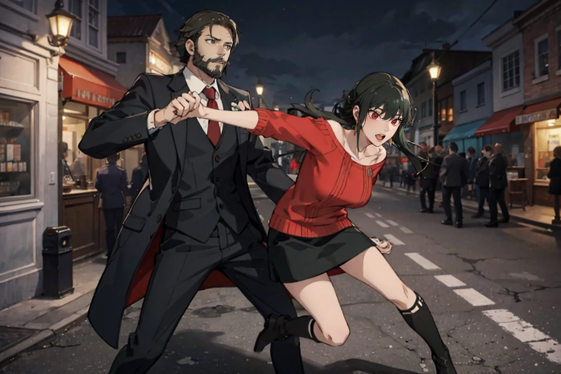 masterpiece, Highest quality,8k, complete hand depiction, Action pose, Battle Scenes:1.5, (Yor Forger), Red eyes, Black Skirt, red off shoulder sweater, (Big Breasts), morning, ((Fighting a brown-haired man in a suit)), Aegean townscape in the morning, Wearing boots, Angry expression,:1.5 Attack Speed, Fast Attack, Angry expression, Angry face
