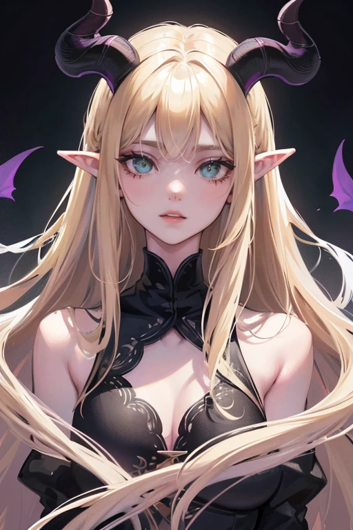 )a thin woman with long blonde hair, woman has green eyes, black sexy emo outfit, demon ram horns, elf ears) best quality, adorable, ultra-detailed, illustration, complex, detailed, extremely detailed, detailed face, soft light, soft focus, perfect face. illustration:full body, aura, demonic, pink amd purple details