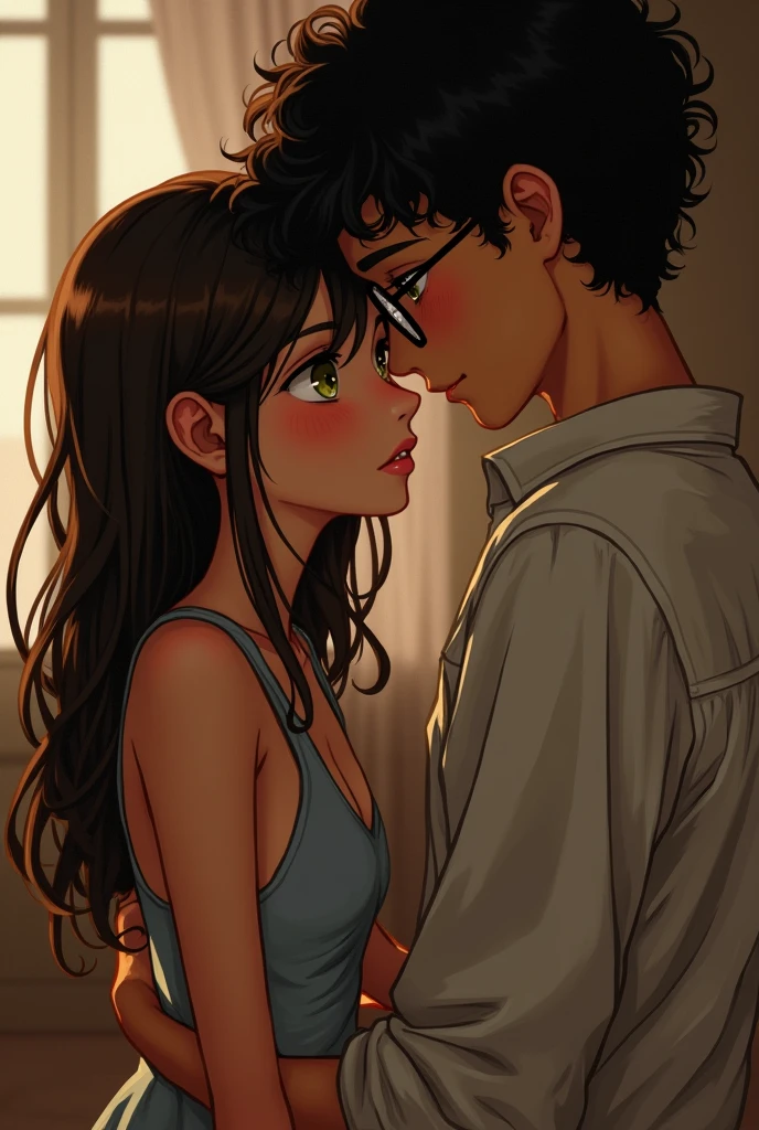 long hair girl, Dark brown color, light brown eyes, short, skinny, next to a boy, dark brown curly hair, green eyes, with glasses, tall, in a possessive and sexy environment