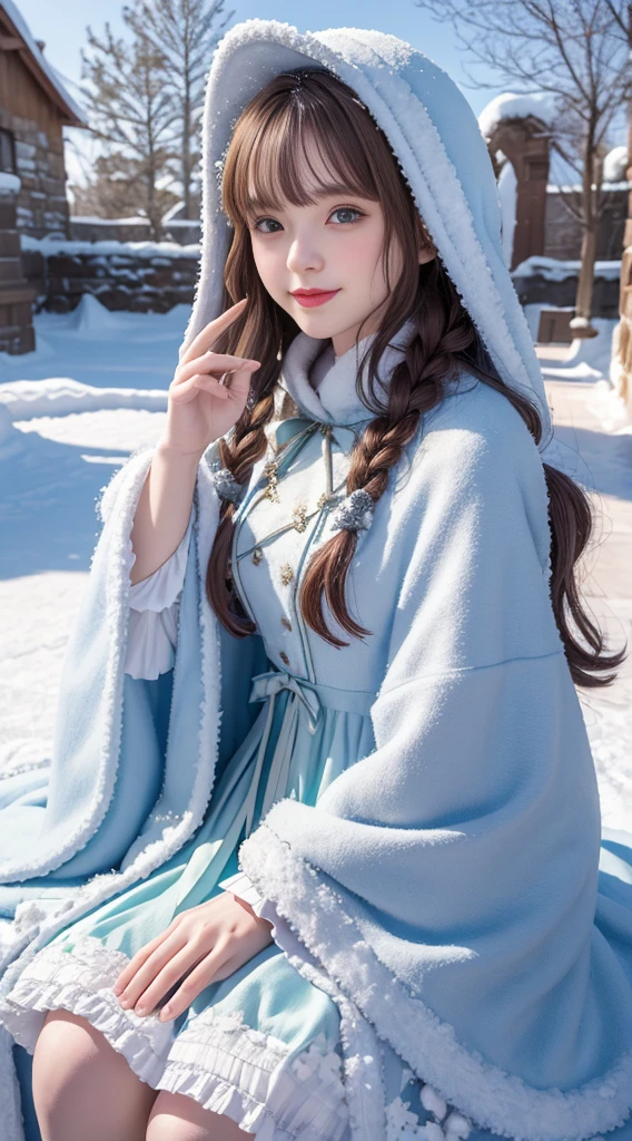 ((masterpiece)),(Ultra-high resolution),1 girl, sit, Lolita clothing,cloak (snow, Winter Outdoor Activities:1.2),Outside the castle,8K,details,Laughter,