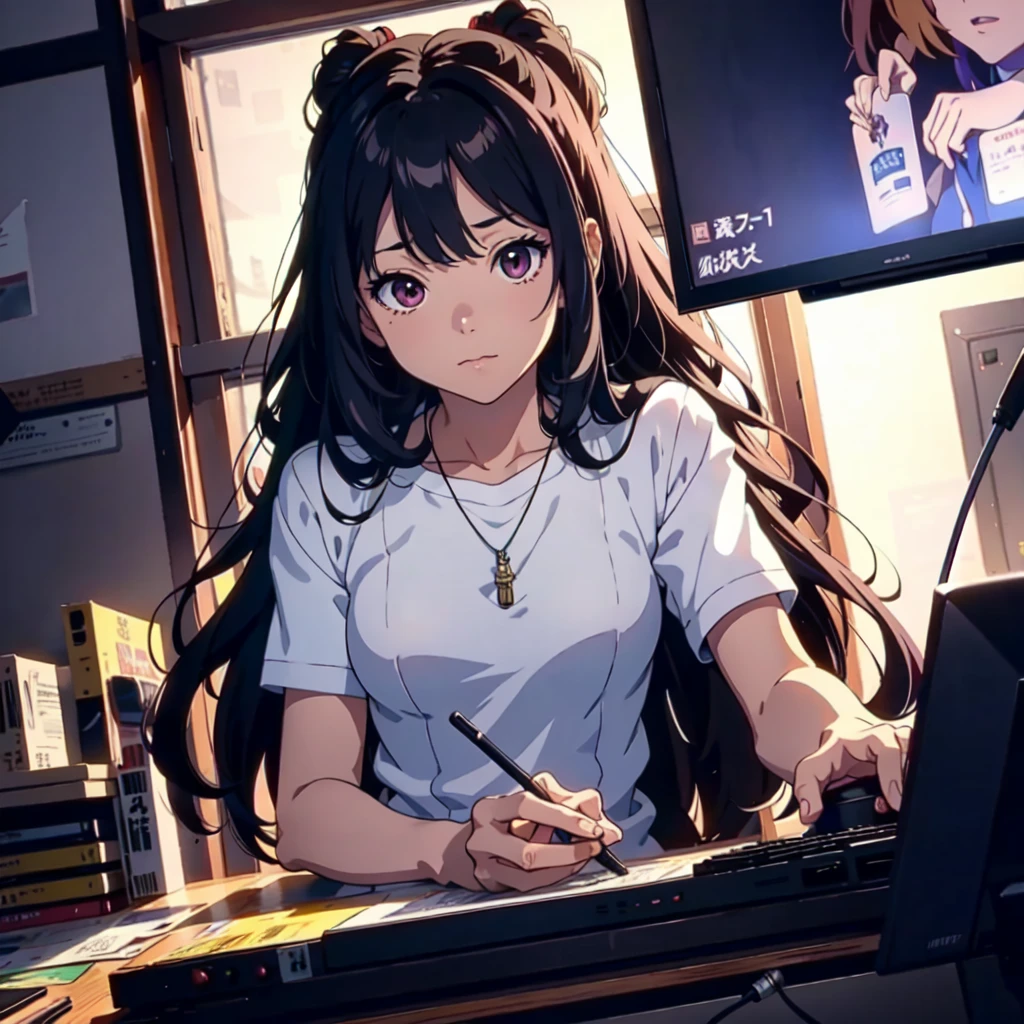 Close-up of a person sitting at a desk with a television, Smooth anime CG art, Anime very detailed, ( Highly detailed figures ), 8K high quality, detailed art, High quality and detailed animation, | Anime with attention to detail, Realistic Anime 3D Style, Hiro Yamagata, Eat and drink, Beautiful and detailed anime art, Half Yamada, Highly detailed official artwork