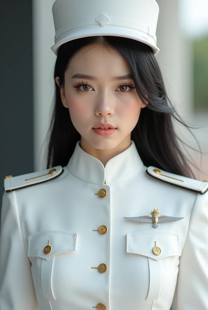 One girl, Wearing white military uniform, Shortcuts, Brown eyes, Black Hair, Sharp Eye, White Hat,