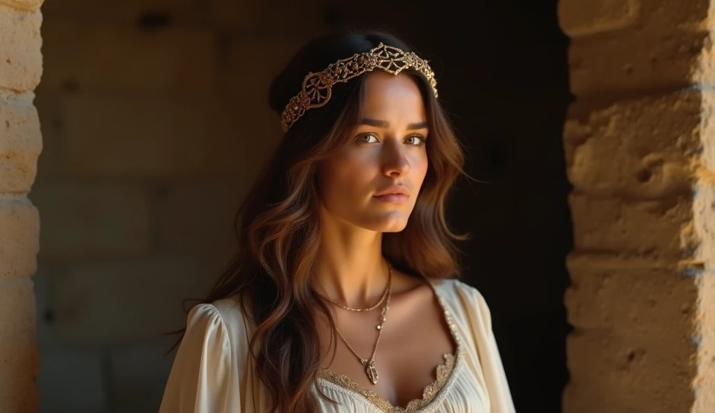 a beautiful woman from biblical times, in her old house thought, theme from a biblical film, she has a humble appearance like a concubine, focus on her beautiful face, full body cinematic image, loose hair without decorations, wears costumes from biblical times of time of israel