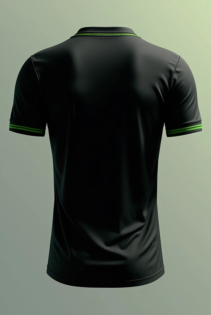 Generate a men&#39;s soccer jersey, negro, short sleeve, and V-neck, Paint the collar and the fabric at the end of the sleeves green, sin logos, seen from the back 