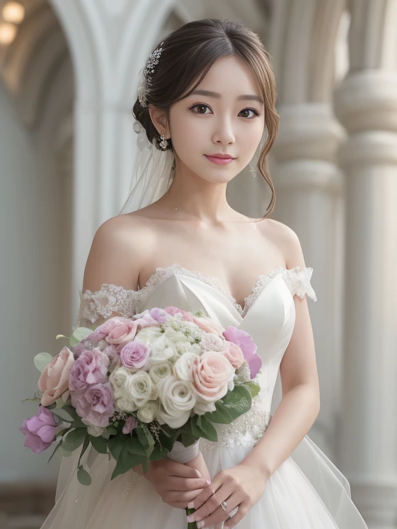 Photo-realistic quality、a woman in a Wedding dress holding a bouquet of flowers、Standing in front of the church、20 year old Japanese model、白のWedding dress,Hanae Mori style wedding dress、Japan idols at 20 years old、lace prom dresses、looking at the camera、Detailed and beautiful eyes、Cute smile、Relaxed and gentle expression、a close up of a woman in a Wedding dress holding a bouquet, Wedding dress, So magical and dreamy、Blur the background a lot、300mm F2.Shot with 8 lenses