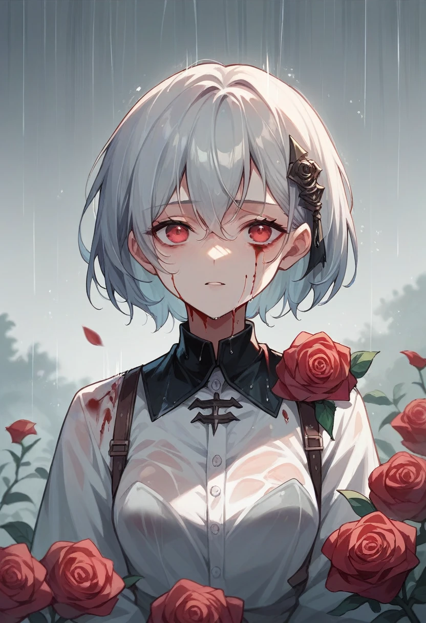a bloody white rose as if blood was raining on it