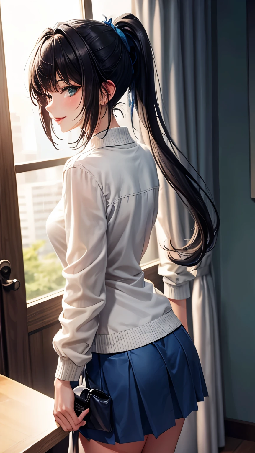 one person、masterpiece、highest quality、Super detailed、High resolution illustrations、enhance the charm of your eyes、depicted in detail、perfect body structure、Now that she'I'm older, she'to a school teacher.、suit、thin、Rear view、Wear pants to emphasize your butt、small ass、I will show you my pants with a plain design.、classroom、blush、embarrassing、shy smile、hot air、Sweat、Sigh、