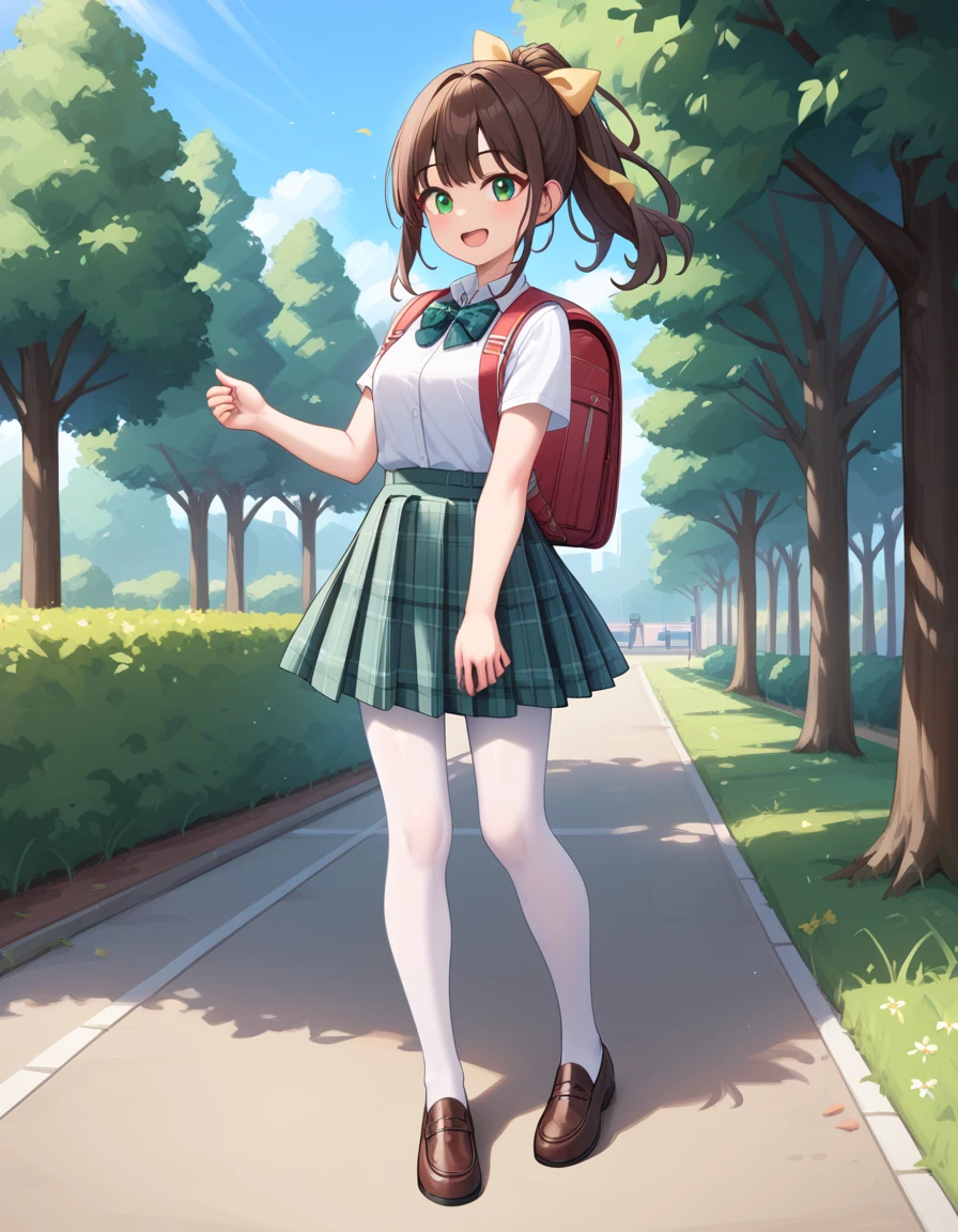 masterpiece, best quality, highly detailed, ultra high res, 1girl, smile, happy, brown hair, ponytail, hair ribbon, high school girl, wearing white collared shirt, green bowtie, plaid skirt, green plaid skirt, wearing white pantyhose, brown shoes, standing, fullbody, outdoor, park, wearing backpack, brown color backpack