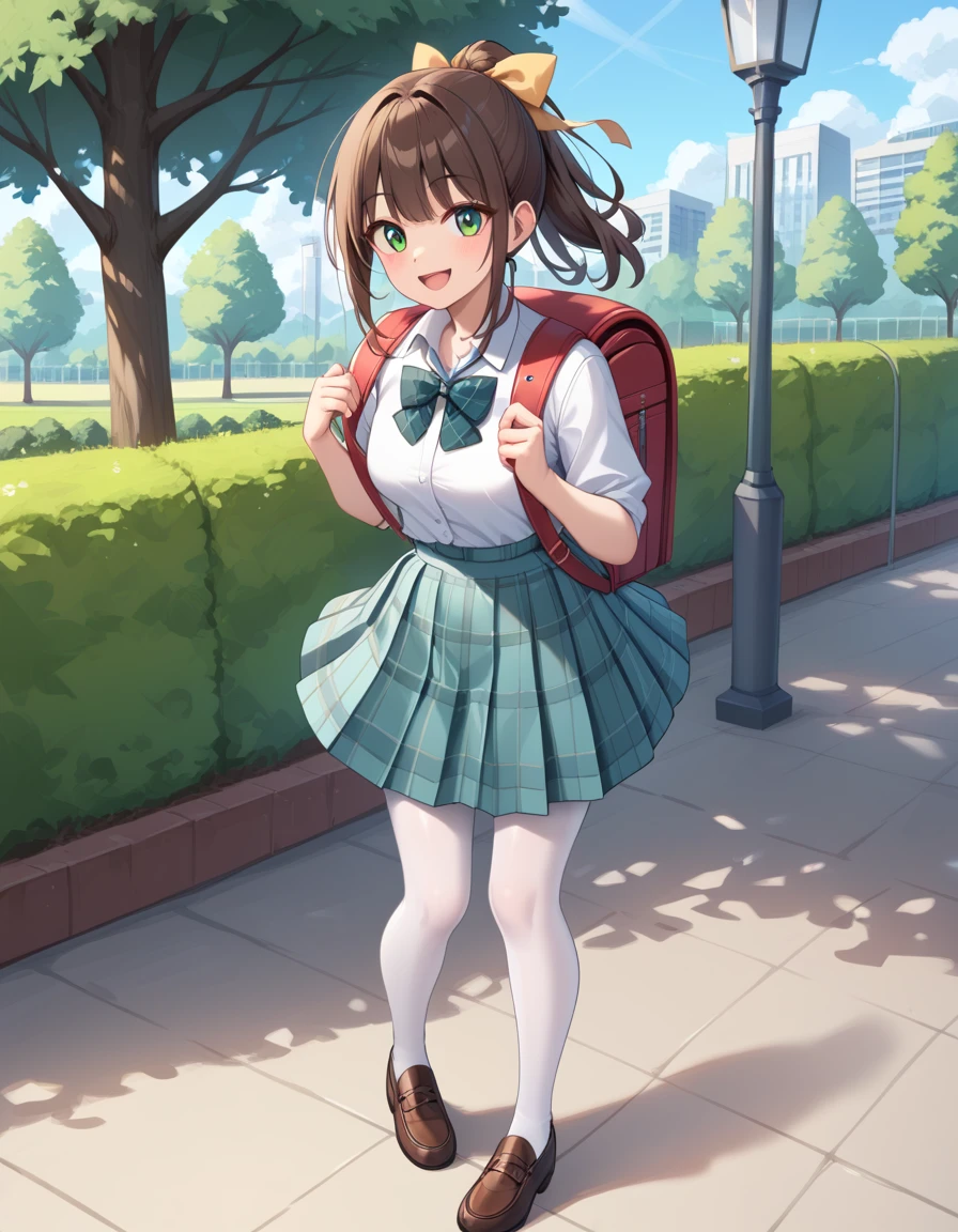 masterpiece, best quality, highly detailed, ultra high res, 1girl, smile, happy, brown hair, ponytail, hair ribbon, high school girl, wearing white collared shirt, green bowtie, plaid skirt, green plaid skirt, wearing white pantyhose, brown shoes, standing, fullbody, outdoor, park, wearing backpack, brown color backpack