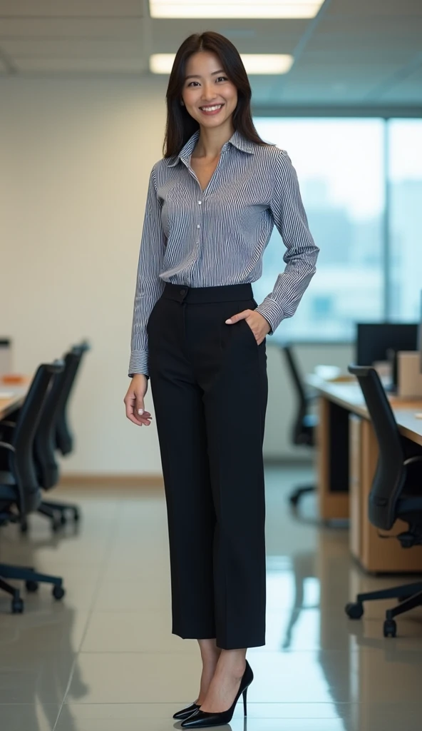 Japanese female 1 person, An attractive office manager, 50 years old, Striped shirt, Pants Looks, High heels, Full body photo